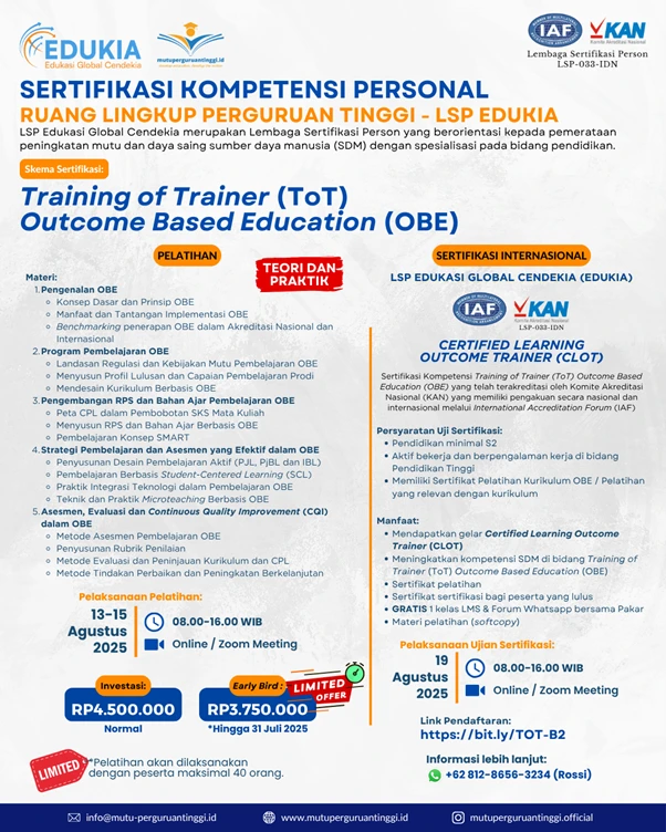 LSP EDUKIA Sukses Gelar Sertifikasi TOT OBE Online untuk Dosen dan Trainer Pendidikan Tinggi